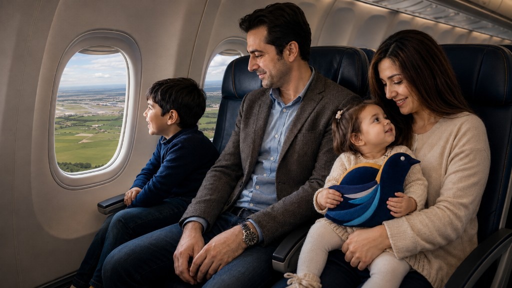 Glückliche Familie im Flugzeug – Migration und Neustart in Deutschland